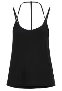 Zwarte mouwloze cami, met dunne bandjes en een ronde hals. Gemaakt van zachte stof met een gladde textuur en een relaxte pasvorm.