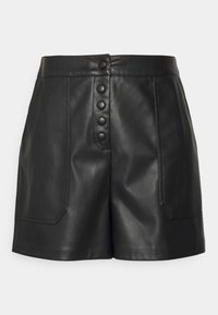 Shorts neri in pelle con vita alta, chiusura frontale a cinque bottoni e due tasche laterali di forma rettangolare. Texture liscia.