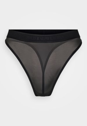 Svarte mesh-stringtruser med en glatt elastisk midjebånd og subtil logo-detalj. Har et minimalistisk design med gjennomsiktig tekstur.