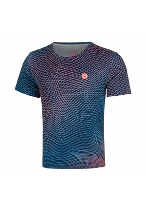 Marineblauw shirt met korte mouwen, rood en lichtblauw golvend roosterpatroon en een klein cirkelvormig logo op de linkerborst.