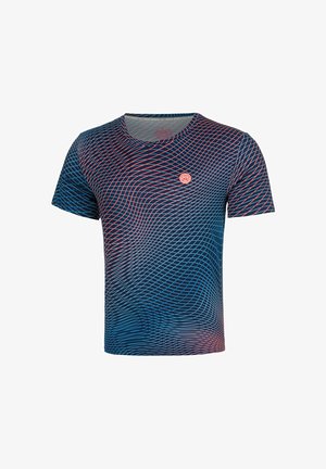 Chemise à manches courtes bleu marine avec motif de grille ondulée rouge et bleu clair et petit logo circulaire sur la poitrine gauche.