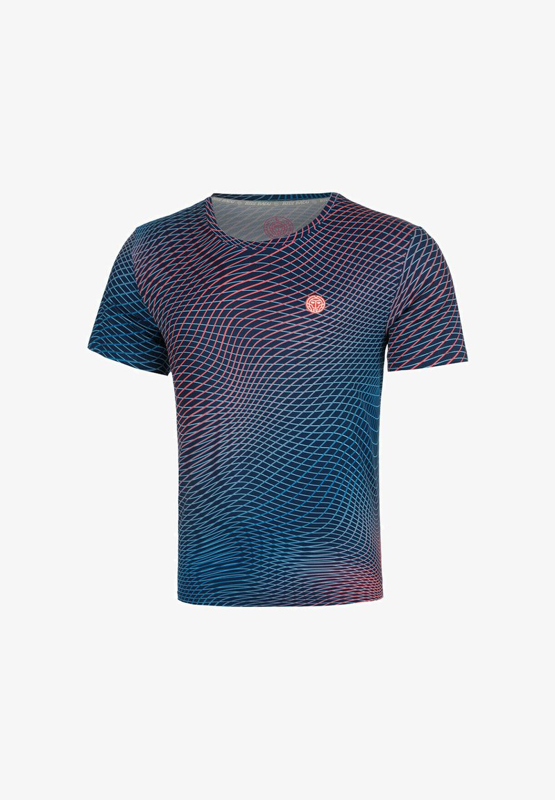 Marineblauw shirt met korte mouwen, rood en lichtblauw golvend roosterpatroon en een klein cirkelvormig logo op de linkerborst.