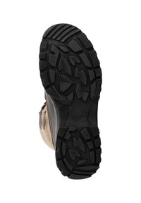 Zwarte rubberen zool met diepe groeven, een gestructureerde oppervlak en een versterkte hak; lichter beige suède bovenwerk met zijaccenten.