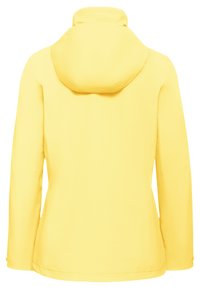 Gelbe wasserdichte Jacke mit Kapuze, glatter Textur, langen Ärmeln und Seitentaschen. Einfaches Design ohne sichtbare Verschlüsse oder Muster.