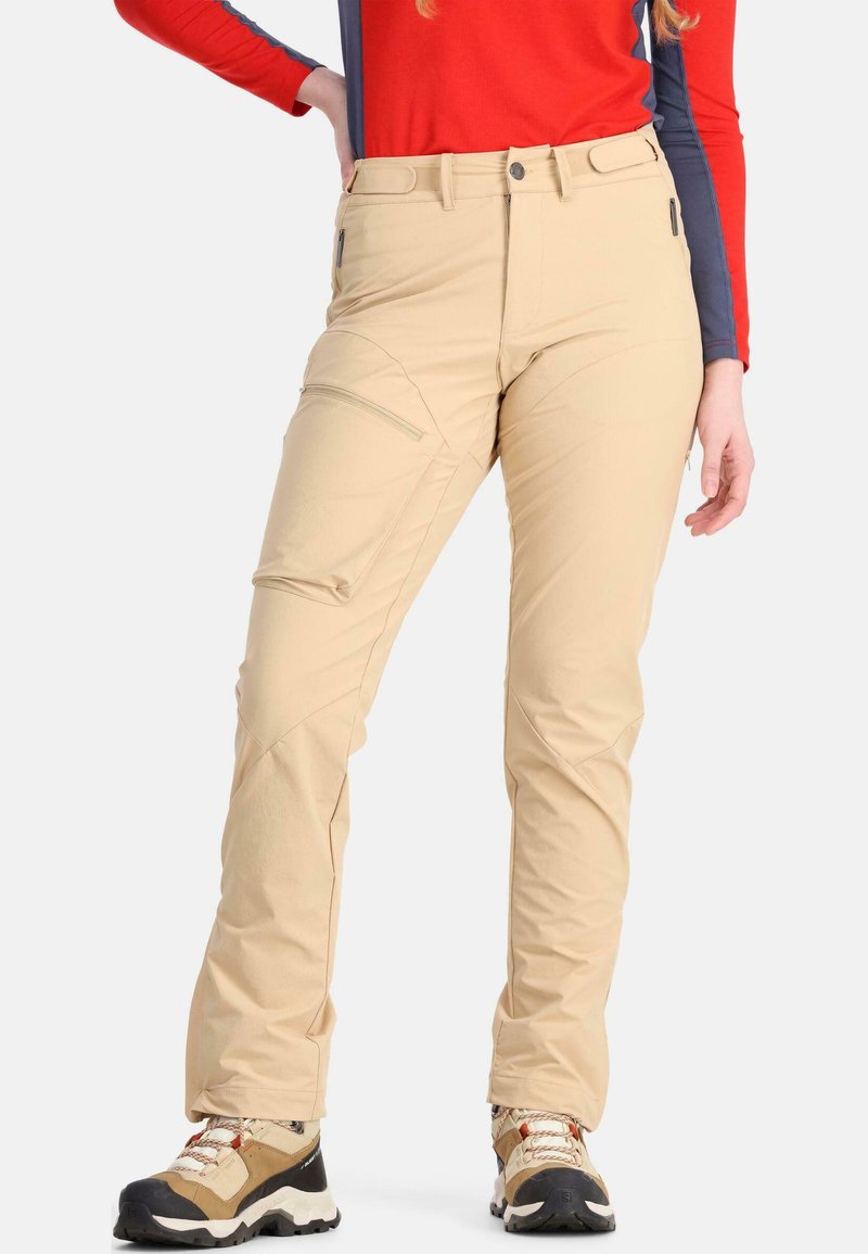 Beige Outdoor-Hosen mit slim fit, Reißverschlusstaschen und strukturierter Stoffqualität. Mit vorgeformten Knien und verstärkten Nähten gestaltet.