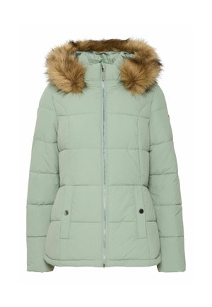 Gaiši zaļš pūkains mētelis ar noņemamu brūnu mākslīgās ādas kapuci. Tam ir centrālais rāvējslēdzis un divas sānu kabatas ar spiedpogām.