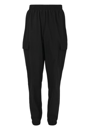 Pantalons cargo noirs avec une taille élastique, poches latérales et poignets élastiques aux chevilles. Fabriqués en matériau lisse et léger.