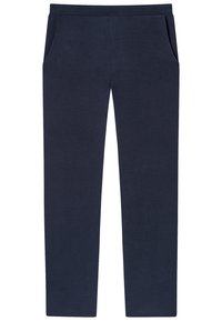 Pantalones deportivos de mezcla de algodón color azul marino con una textura suave, cinturilla elástica y dos bolsillos laterales; diseño de pierna ajustada.