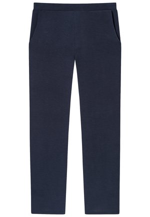 Mörkblå bomullsblandning sweatpants med en slät yta, elastisk midja och två sidofickor; design med smalare ben.