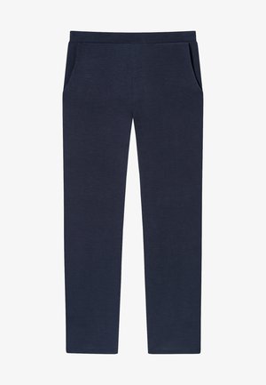 Navy blue puuvillasekoite sweatpantsit, joissa on sileä pinta, joustava vyötärö ja kaksi sivutaskua; kapeneva lahkeiden muotoilu.