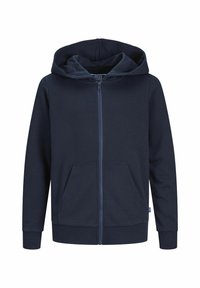 Felpa con zip di colore blu navy realizzata in materiale morbido, con tasca frontale, polsini a costine e un ampio cappuccio. Texture liscia e design minimalista.