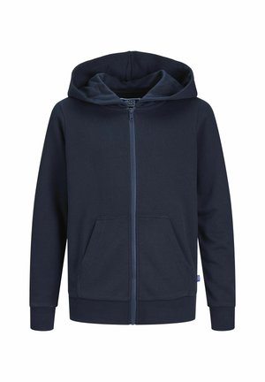 Haut à capuche zippé bleu marine en matériau doux, avec une poche avant, des poignets côtelés et une grande capuche. Texture lisse et design minimaliste.
