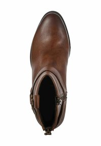 Bottine en cuir marron avec une finition lisse, bout arrondi, fermetures éclair sur les côtés et un faible talon. L'intérieur est noir, créant un contraste avec l'extérieur.