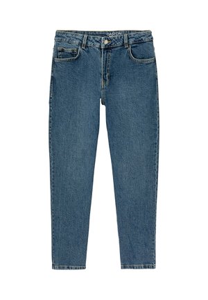 Jean en denim bleu à taille haute, avec poches avant et arrière, fermeture par bouton et passants pour ceinture, posé à plat sur un fond blanc.