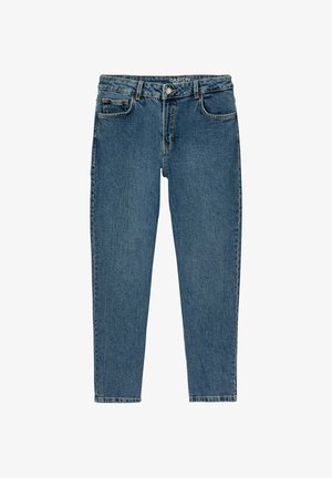 Jean en denim bleu à taille haute, avec poches avant et arrière, fermeture par bouton et passants pour ceinture, posé à plat sur un fond blanc.