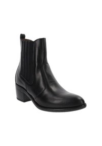 Stivaletto in pelle nera con tacco block, pannelli elastici ai lati e linguetta sul retro, presentato su sfondo bianco.
