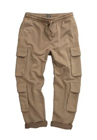 Khaki cargobroek van katoenmix, met een elastische tailleband, koord, twee zijzakken en opgerolde boorden voor een casual pasvorm.