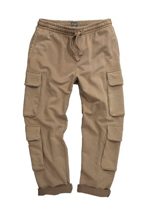 Khaki cargo kalhoty vyrobené z bavlněné směsi, s elastickým pasem, šňůrkou, dvěma bočními kapsami a ohrnutými manžetami pro pohodlný vzhled.