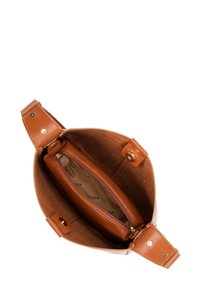 Borsa a spalla in pelle marrone con un ampio interno, dotata di un scomparto con zip, chiusure a pulsante e una texture liscia.