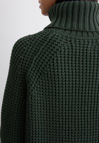 Strikket sweater i mørkegrøn, med høj ribbet krave, struktureret mønster og raglanærmer, der fremhæver det hyggelige materiale og konstruktion.