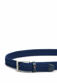 Navy blue woven belt made of fabric with a silver metal buckle, featuring a leather accent with a small logo detail.