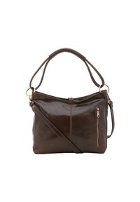 Borsa a tracolla in pelle marrone con finitura lucida, dotata di chiusura con zip superiore, tracolla regolabile e tasca frontale con zip.