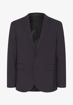 Tamsiai violetinė švarkas, pagamintas iš tekstūruotos medžiagos, su vienu mygtuku, dviem priekinėmis kišenėmis ir išpjovimu ant apykaklės.