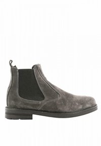 Stivale Chelsea in camoscio grigio con pannelli elastici sui lati, punta arrotondata, suola in gomma nera e linguetta sul tallone per una facile calzata.
