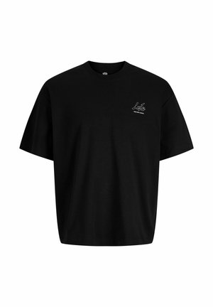 T-shirt noir à manches courtes avec un petit logo en écriture blanche et un texte sur la partie supérieure gauche de la poitrine.
