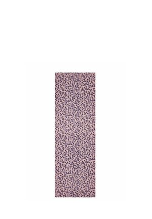 Yoga mat with a pink background and scattered black irregular dot pattern covering its surface.