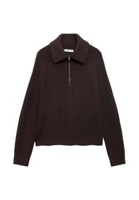 Maglione marrone a maglia con colletto ampio, zip frontale a metà e spalle scese. Presenta una texture a coste e una lunghezza cropped.