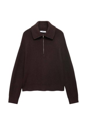 Brown knit sweater with a wide collar, half-zip front, and dropped shoulders. Features a ribbed texture and cropped length.