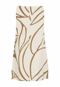 Jupe midi beige avec motif abstrait de feuilles marron et léger évasement à l'ourlet.