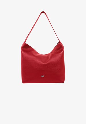 Borsa a spalla in pelle rossa con finitura texture, design morbido e accentuata da un logo in argento. Imbracatura lunga singola per il trasporto.