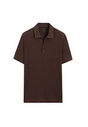 Polo shirt court marron à manches courtes en tissu texturé, doté d'un col et d'une patte de boutonnage à trois boutons, avec un ourlet droit.