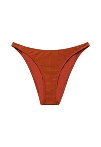 Chilot de baie tip bikini în portocaliu ars, având o textură netedă, un design cu acoperire minimă și o culoare contrastantă a căptușelii interioare.