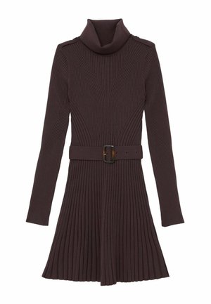 Vestido de punto acanalado de manga larga marrón oscuro con cuello alto y falda plisada, con cinturón a juego con hebilla rectangular en la cintura.