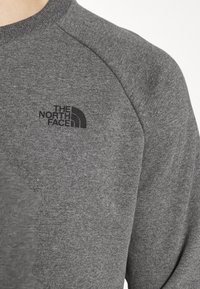 Felpa grigia con colletto a girocollo, maniche raglan e una texture sottile. Presenta un logo nero sul petto, realizzata in morbido tessuto misto.