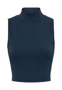 Rippstrick, ärmelloses Rollkragenoberteil in tiefem Marineblau. Eng anliegendes Design mit glatter Textur und hohem Kragen, die verkürzte Länge betont die Taille.