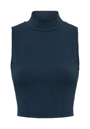 Geribbelde, mouwloze turtleneck top in diep marineblauw. Fitted ontwerp met een gladde textuur en hoge kraag, de cropped lengte accentueert de taille.