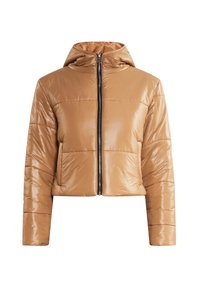 Brun cropped puffer jakke lavet af skinnende, quiltet materiale. Har en hætte, frontlynlås og to frontlommer. Standard pasform.