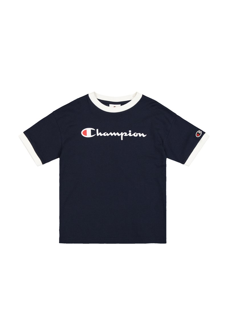 Camiseta de algodón azul marino con cuello y puños en blanco, gran logo "Champion" en blanco y pequeño parche del logo en la manga derecha.