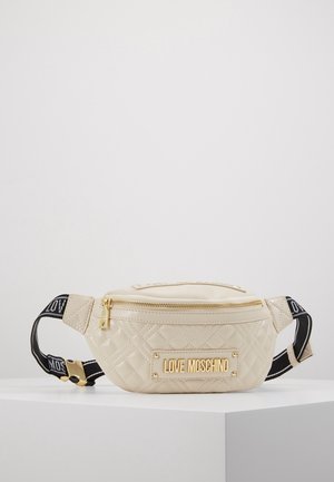 Kermanvärinen, tikattu Love Moschino -vyölaukku kultaisella vetoketjulla ja logolätkällä, säädettävällä mustalla hihnalla, jossa on merkin nimi.