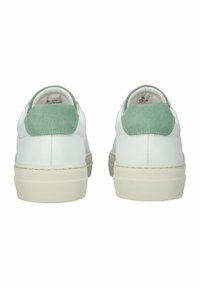 Weiße Leder Sneaker mit grünen Wildleder-Fersenakzenten, runder Zehenform und strukturiertem beigem Gummisohle, Ansicht von hinten.