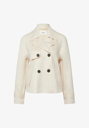 Doppelreihige Jacke in Cremefarben mit breiten Revers, vier dunklen Knöpfen, zwei Seitentaschen und langen Ärmeln mit Manschettendetails.