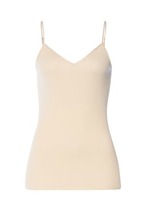 Beiger Camisole-Top mit V-Ausschnitt, dünnen verstellbaren Trägern, aus glattem Stoff gefertigt, figurbetontes Design, ohne sichtbare Muster oder Akzente.