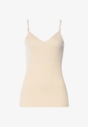 Beige camisetetop met een V-hals, dunne verstelbare bandjes, gemaakt van gladde stof, nauwsluitend ontwerp, zonder zichtbare patronen of accenten.