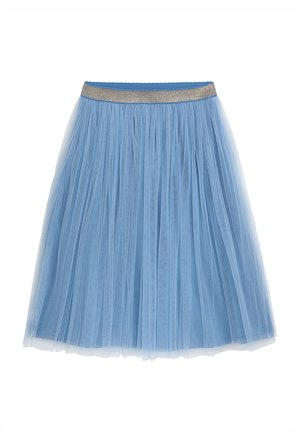 Hellblauer Tüllrock mit plissiertem Design, ausgestattet mit einem elastischen Taillenbund in Metallic-Gold und einer weichen, transparenten Textur.