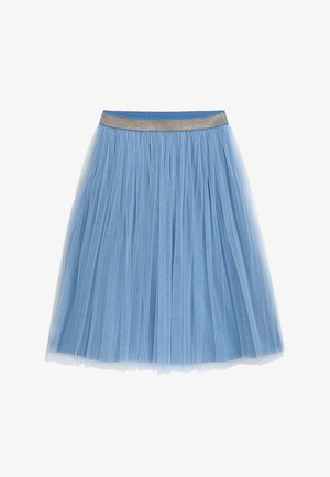 Hellblauer Tüllrock mit plissiertem Design, ausgestattet mit einem elastischen Taillenbund in Metallic-Gold und einer weichen, transparenten Textur.