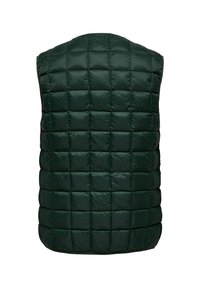 Gilet matelassé vert avec col montant, présentant un motif cousu et une texture lisse et brillante. Pas de matériel visible ni d'accents de design.